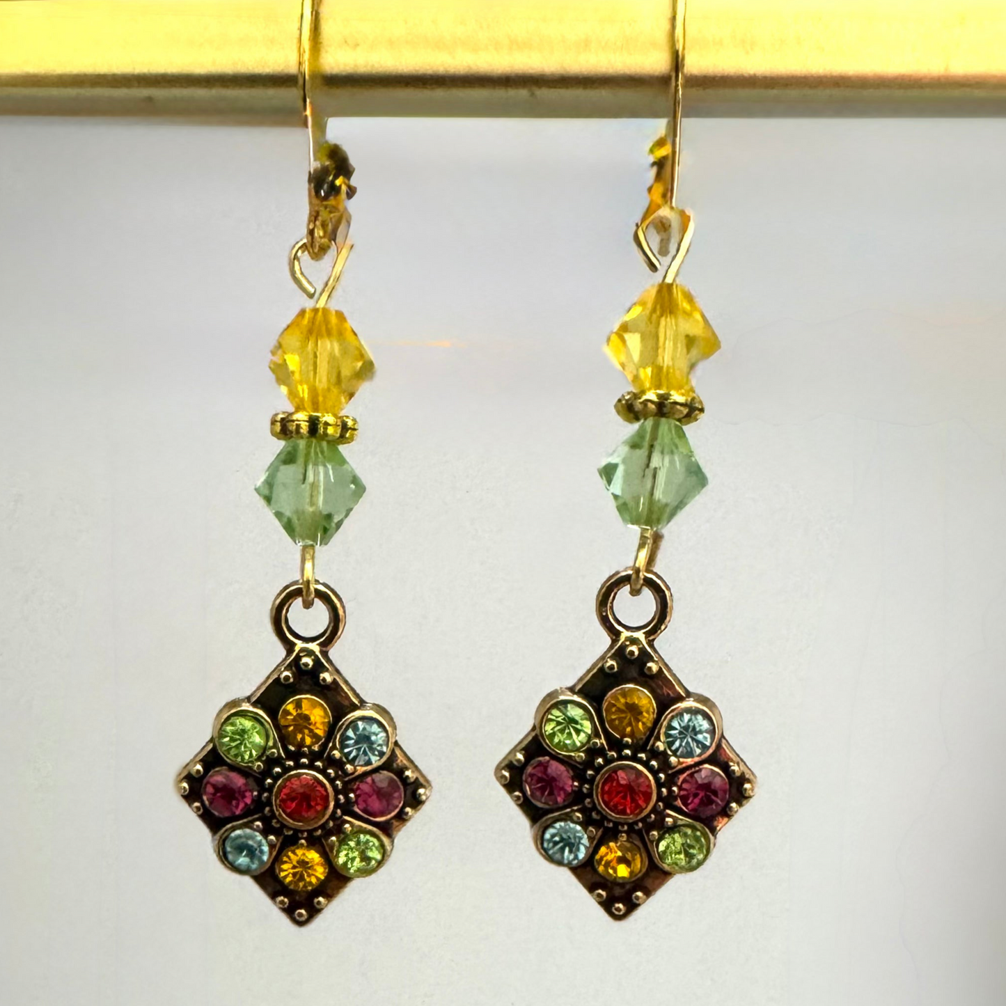 Swarovski Crystal Earrings with Multi Color Rhinestone & Gold Charms 2”