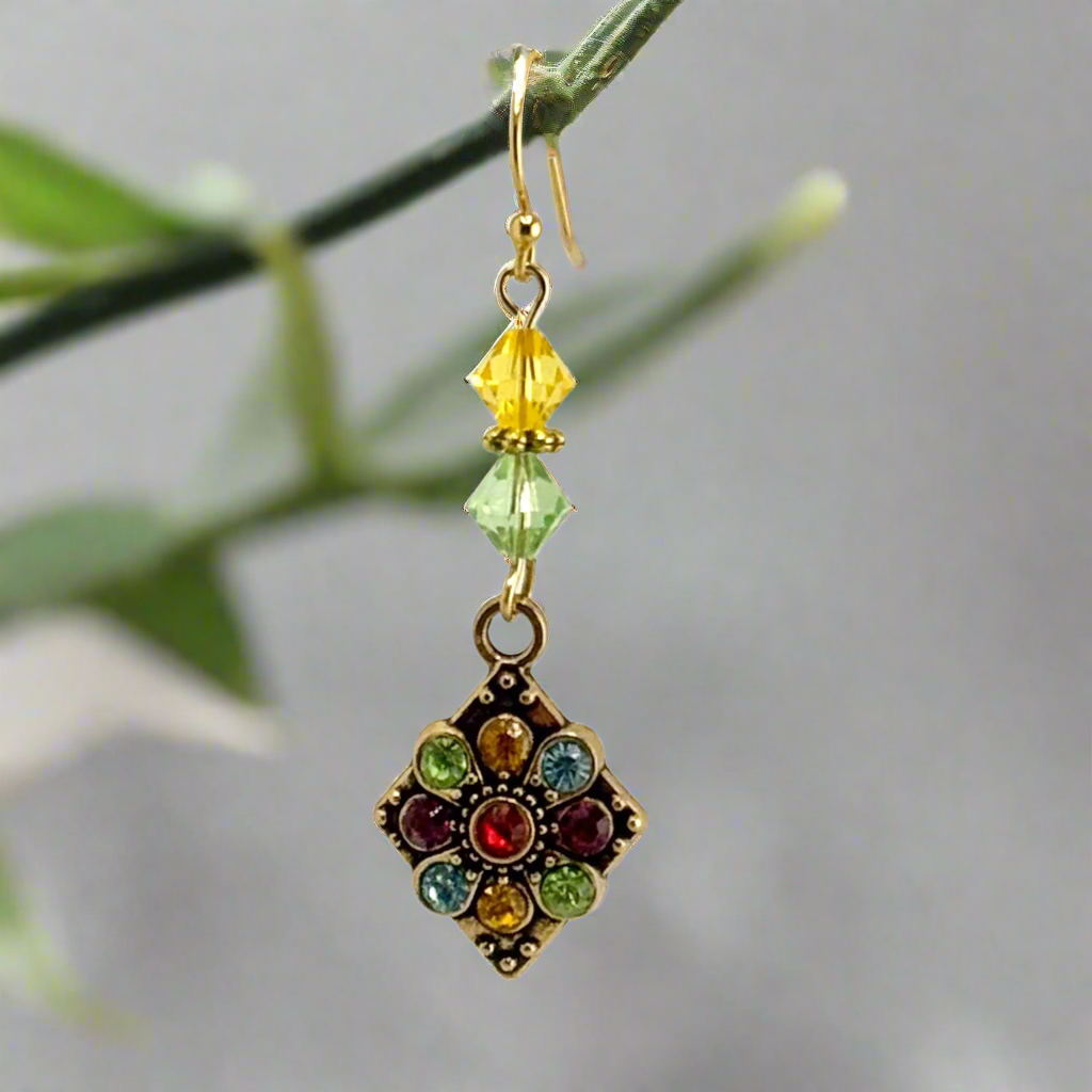 Swarovski Crystal Earrings with Multi Color Rhinestone & Gold Charms 2”