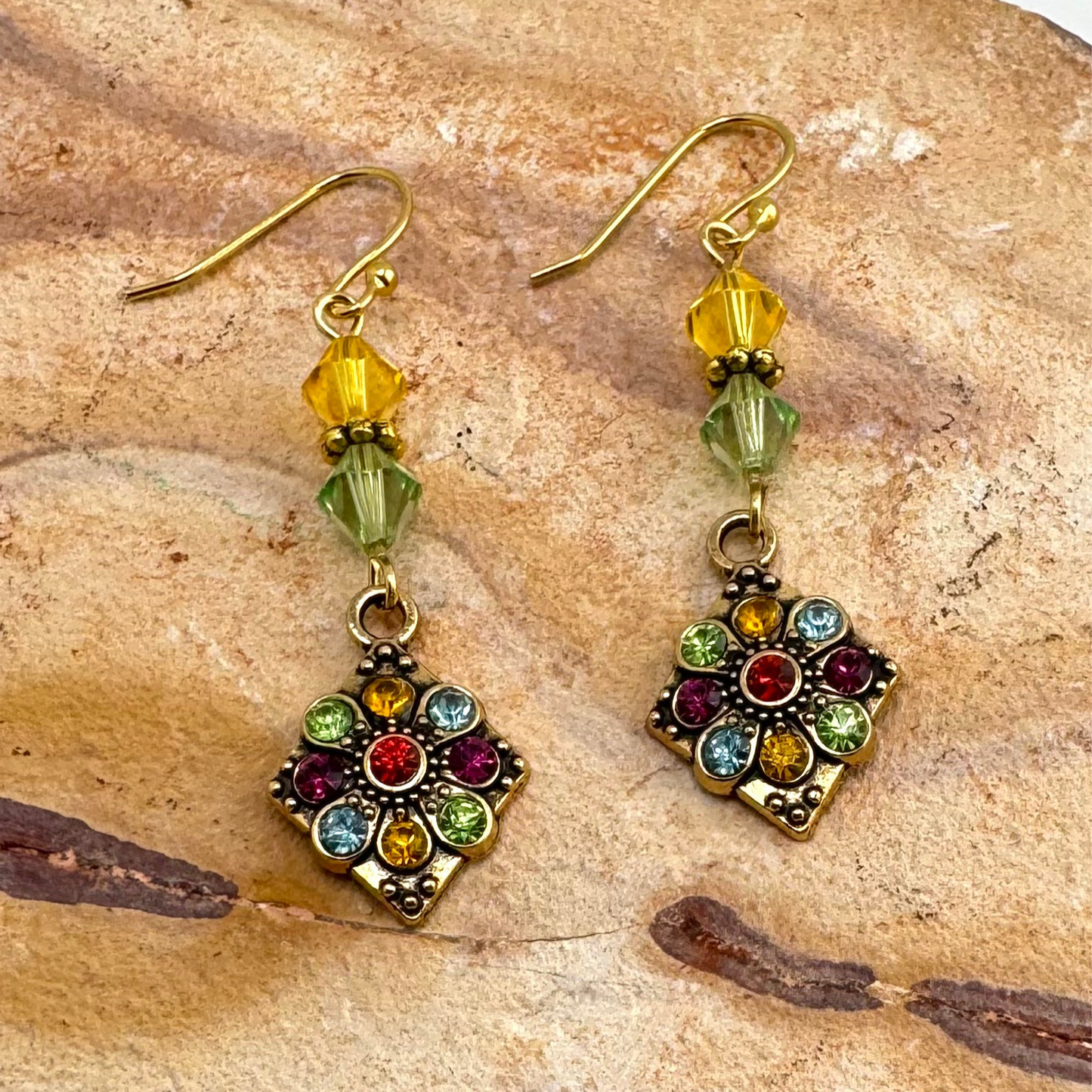 Swarovski Crystal Earrings with Multi Color Rhinestone & Gold Charms 2”