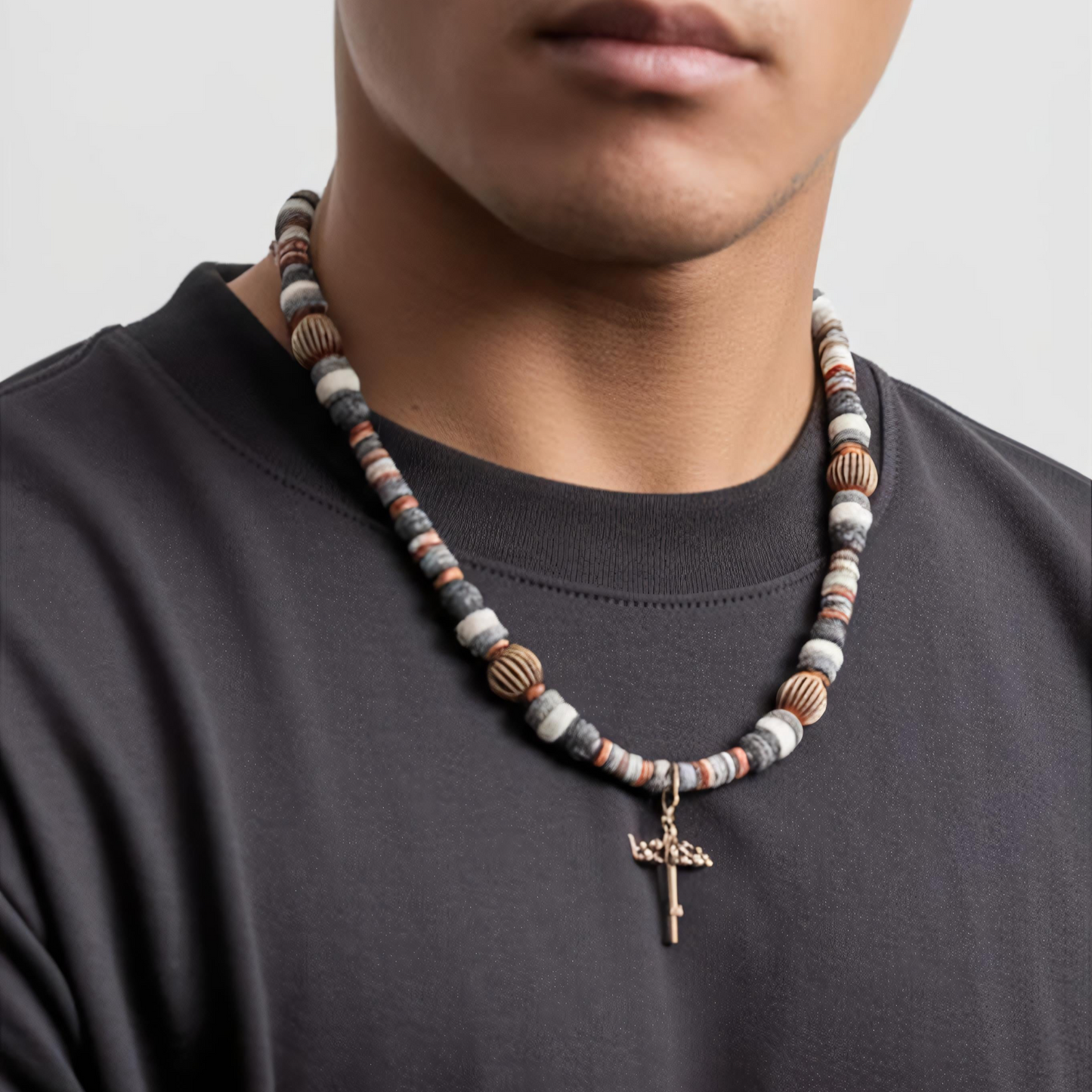 Heishi Necklace with Copper Nail Cross 20”