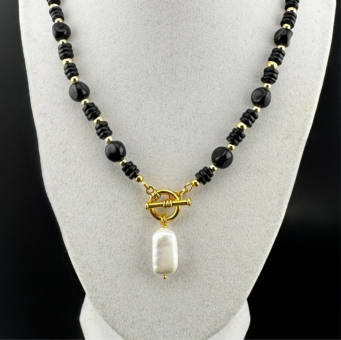 Onyx Toggle Necklace featuring a Rectangular Baroque Pearl 18”
