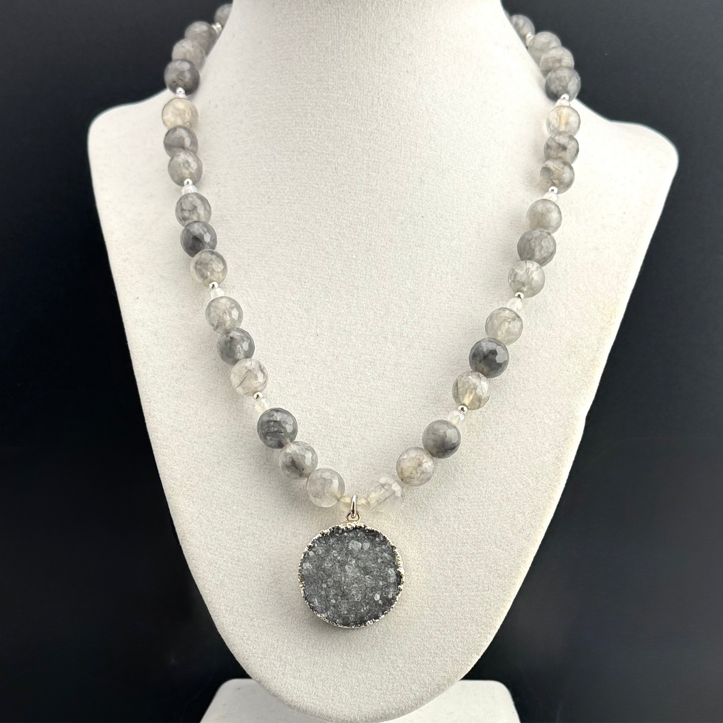 Gray Agate Necklace with Druzy Pendant 17”