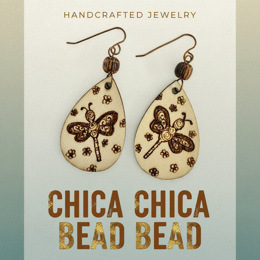 Earrings | Zentangles | Teardrop Shape | Dragonfly Design | Wooden Bead | 3"