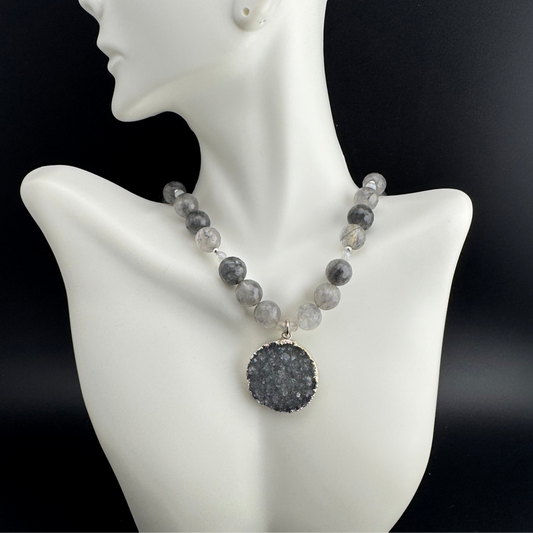Gray Agate Necklace with Druzy Pendant 17”