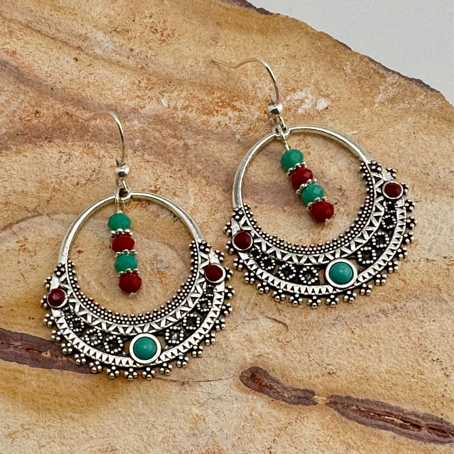 Antique Silver Hoops adorned with Red and Turquoise Accents 2”