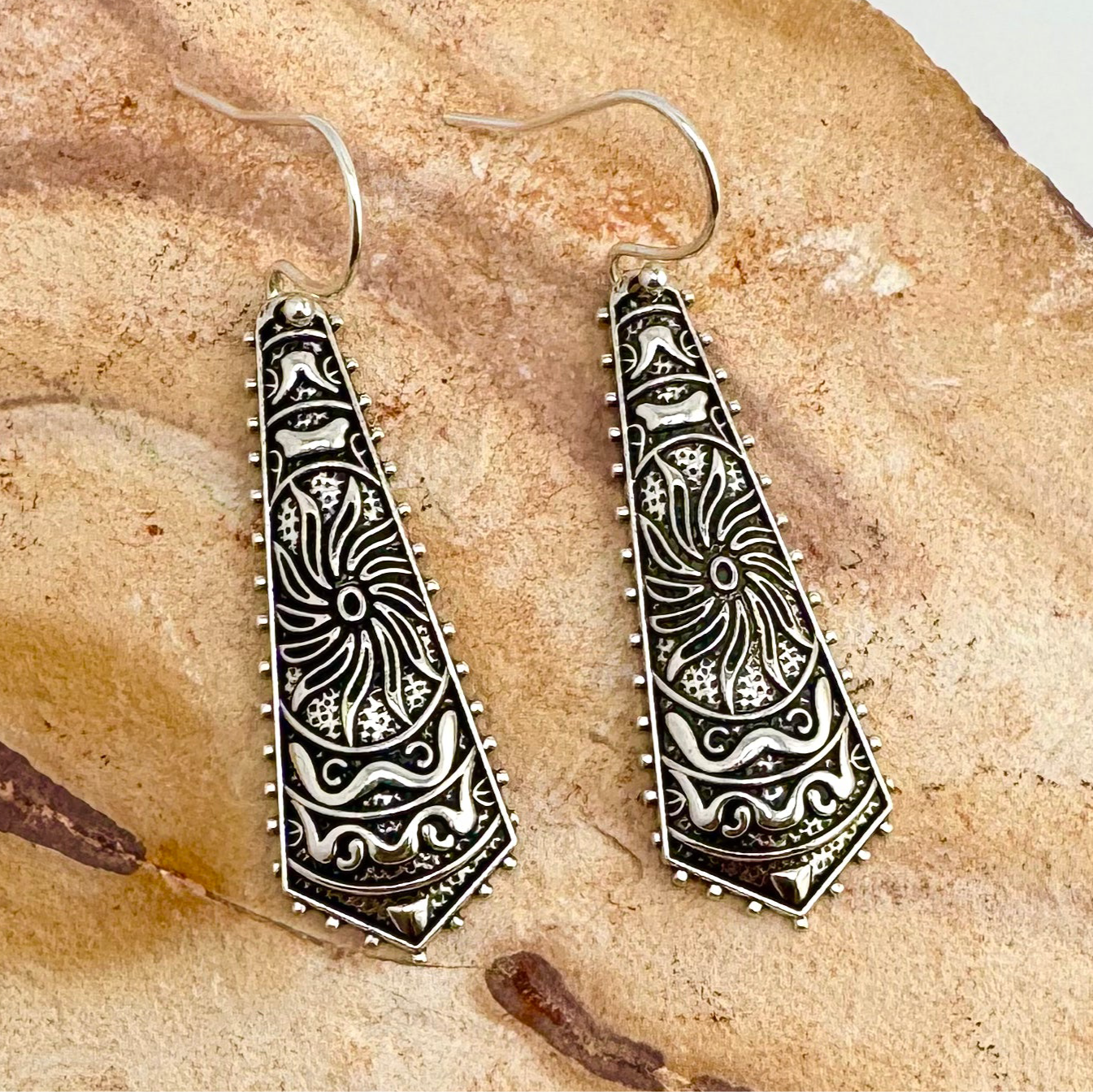 Antique Silver Long Earrings 2.25”