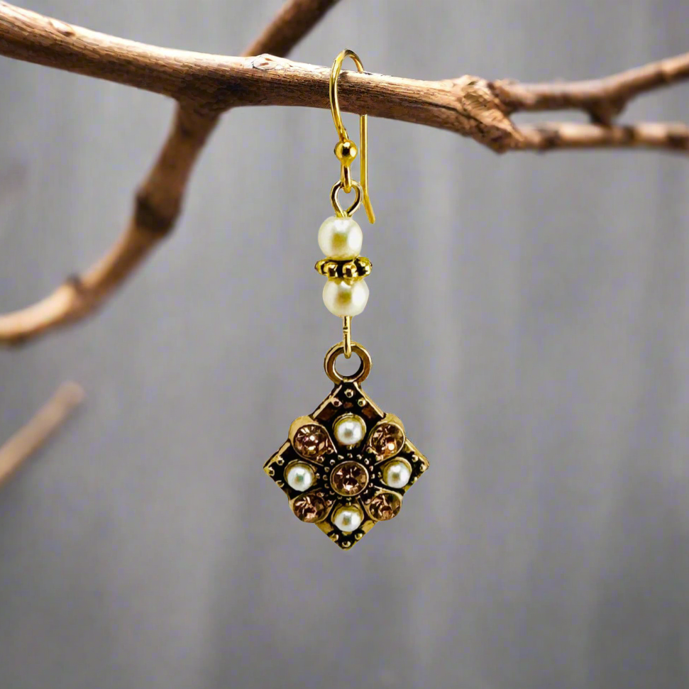 Dangle Pearl Earrings with Gold Rhinestone Charms with Tiny Pearl Accents 1.75”