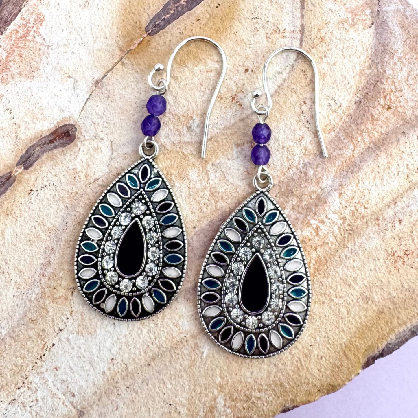 Antique Silver Dangle Earring with Amethyst Beads and Teardrop Charm 2.5”