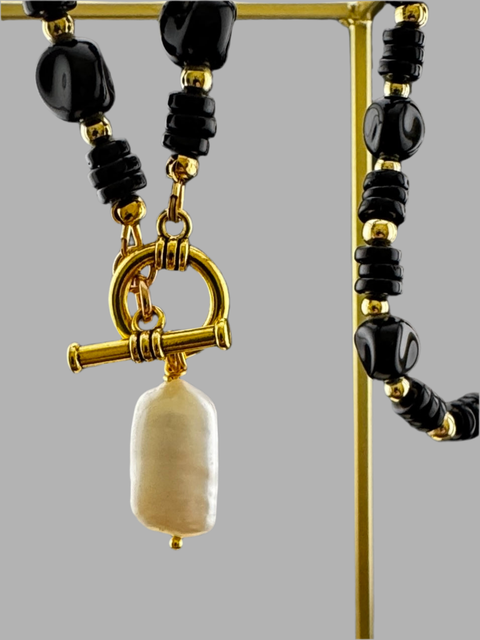 Onyx Toggle Necklace featuring a Rectangular Baroque Pearl 18”