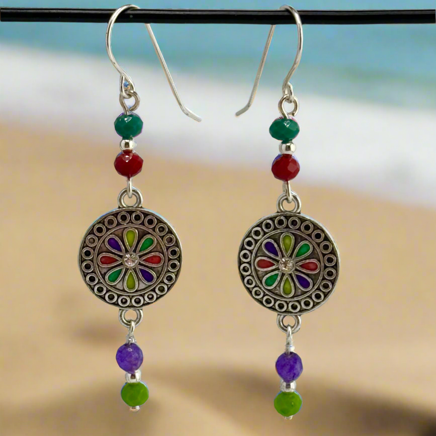Antique Silver Drop Earrings With Czech Beads and Colorful Charms 2.25”