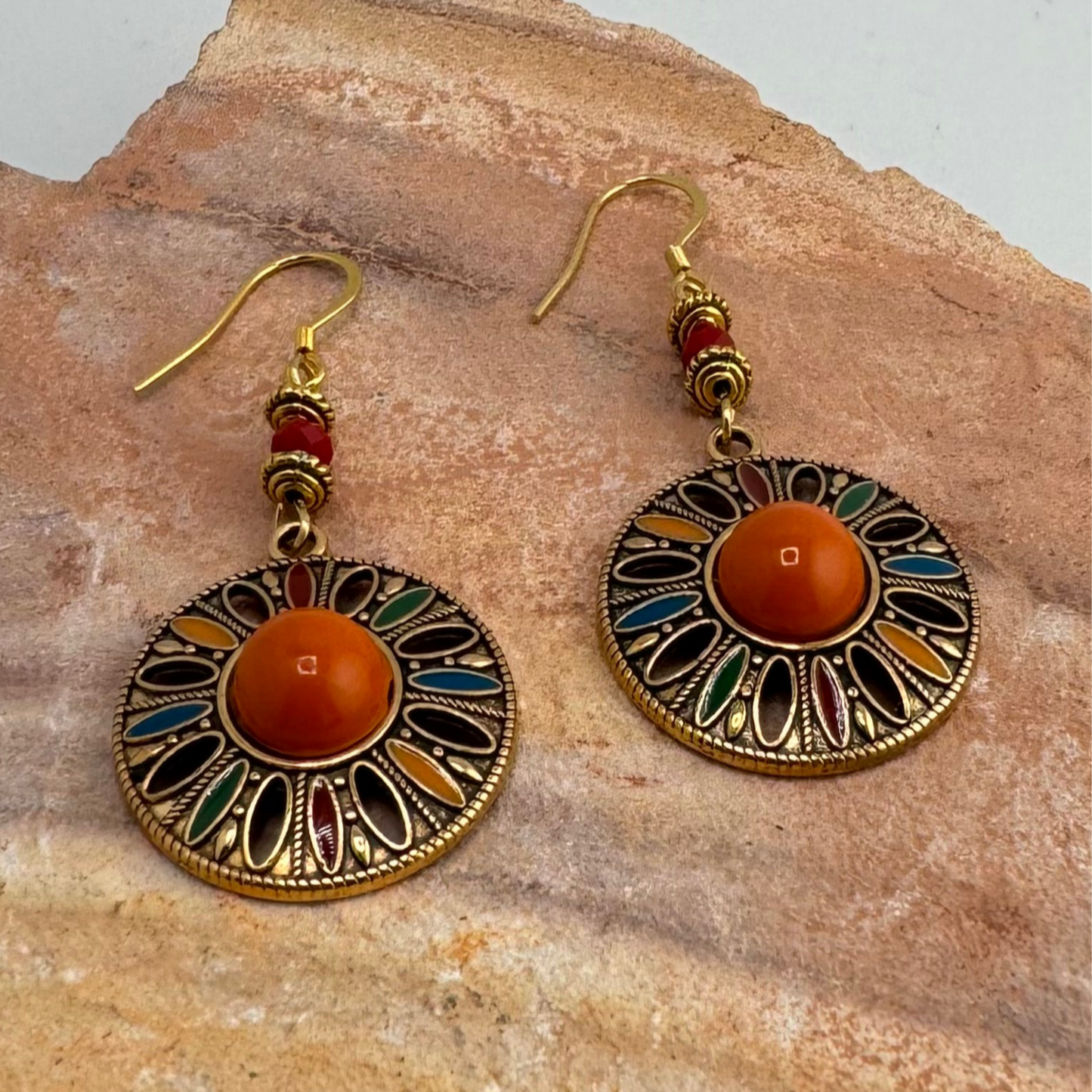 Dangle Earring with Red Czech Beads and Gold Colorful Charms 2.25”