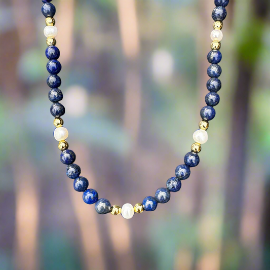 Lapis Lazuli, Pearl, & Gold Necklace 18"