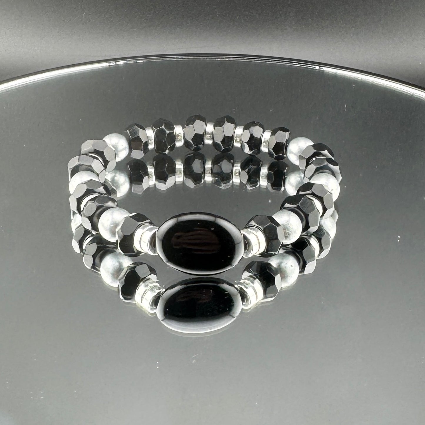 Onyx and Gray Gemstone Bracelet 7"