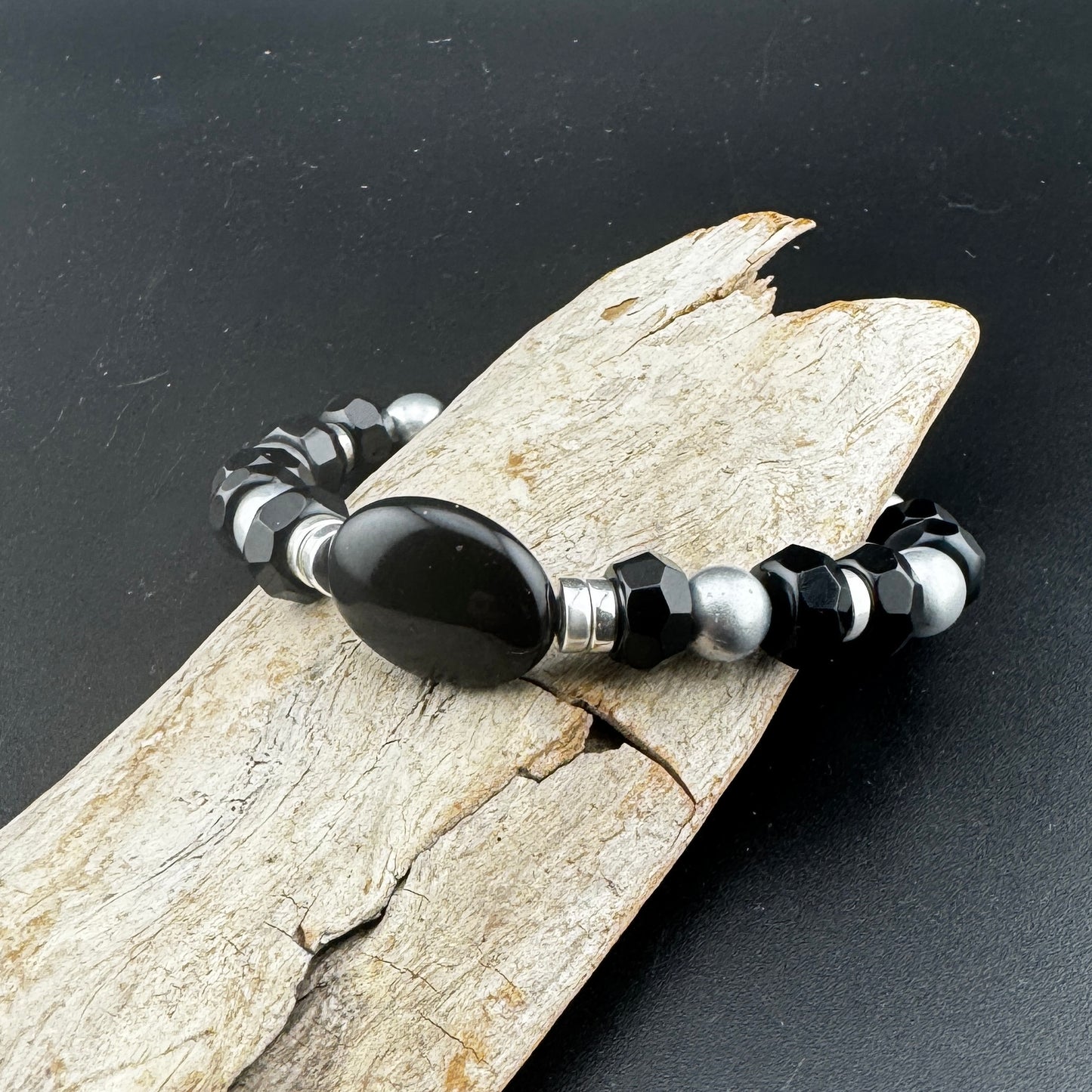 Onyx and Gray Gemstone Bracelet 7"