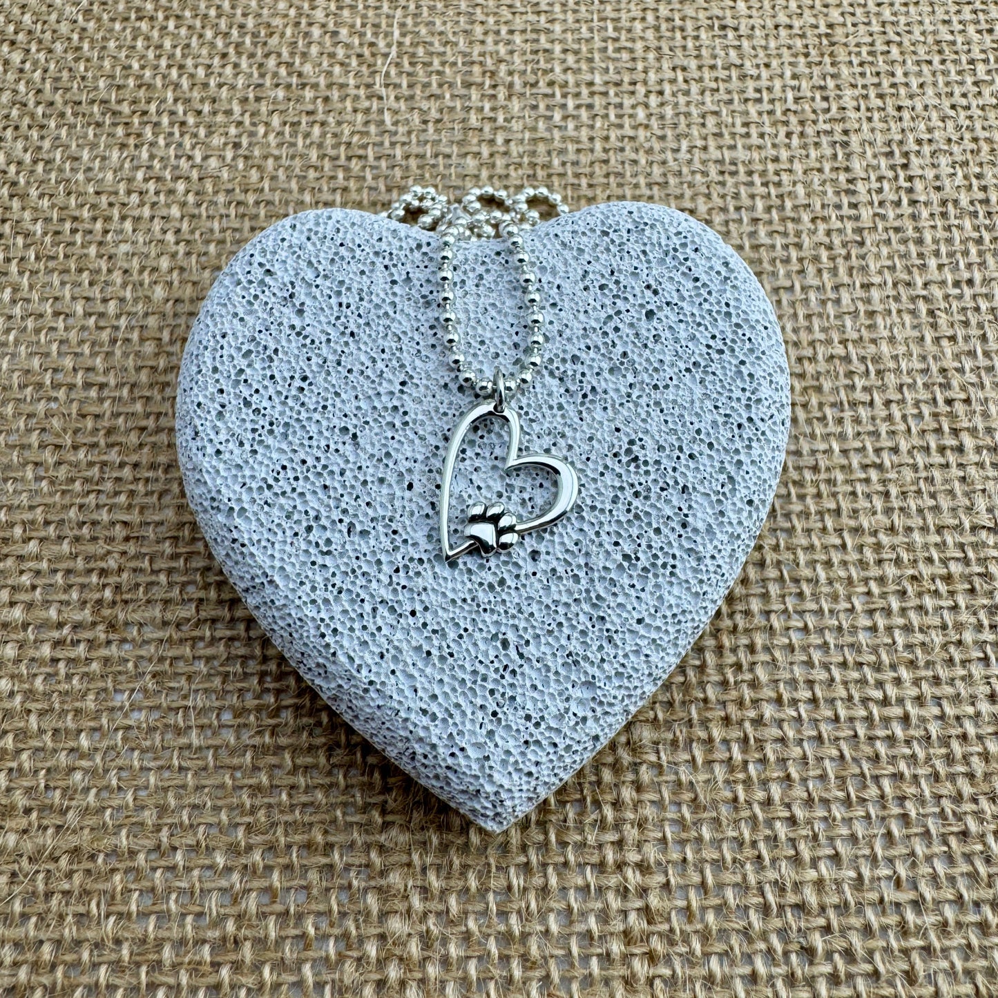 Sterling Silver Paw Print Heart Charm on Sterling Silver Bead Chain 20"