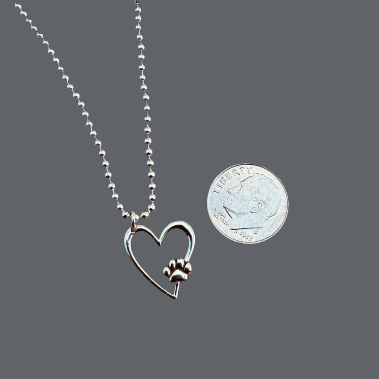 Sterling Silver Paw Print Heart Charm on Sterling Silver Bead Chain 20"