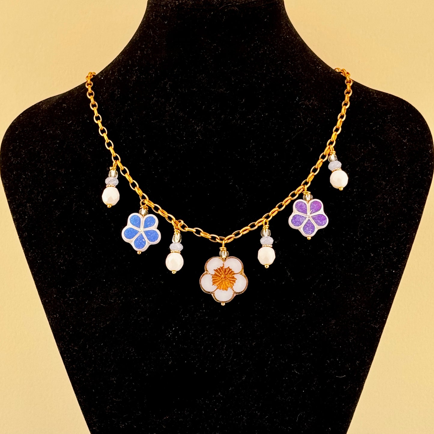 Blue Flower Czech Necklace 16.5"