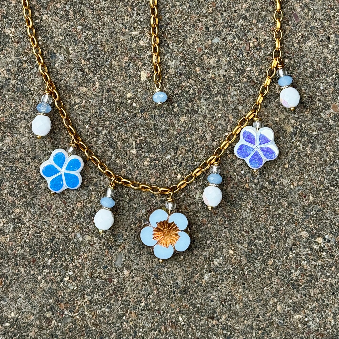 Blue Flower Czech Necklace 16.5"