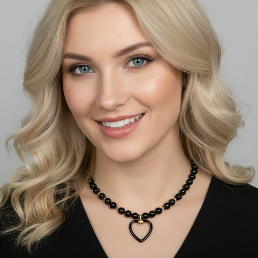 Necklace | Black Enamel Heart Pendant | Onyx | 18K Gold-filled Beads | 16” | 2”Ext