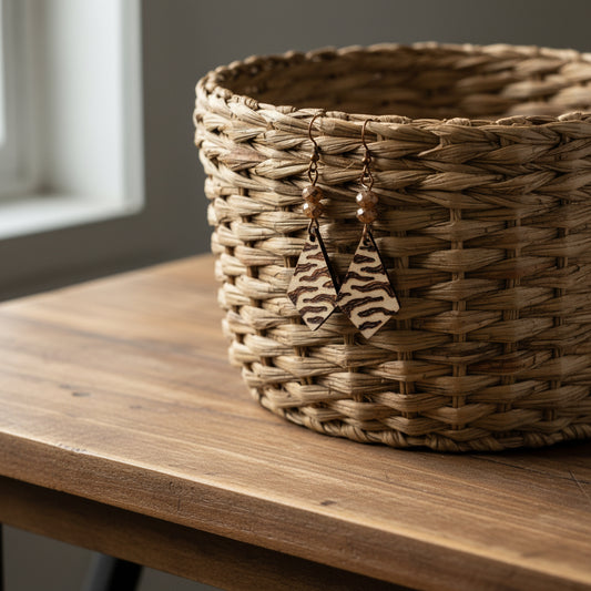 Earrings | Zentangles | Rhombus Shape | Zebra Design | Wood-burned | Small Gemstones | Small Size | 1.5"