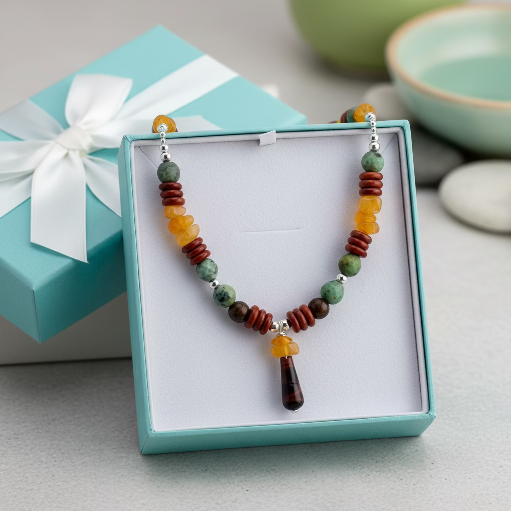 Multi-Colored Neckace with African Turquoise, Amber Chips, and Red Jasper Necklace | 18"