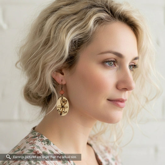 Earrings | Zentangles | Oval Shape | Floral Design | Wood-burned | Small Size | 1.5