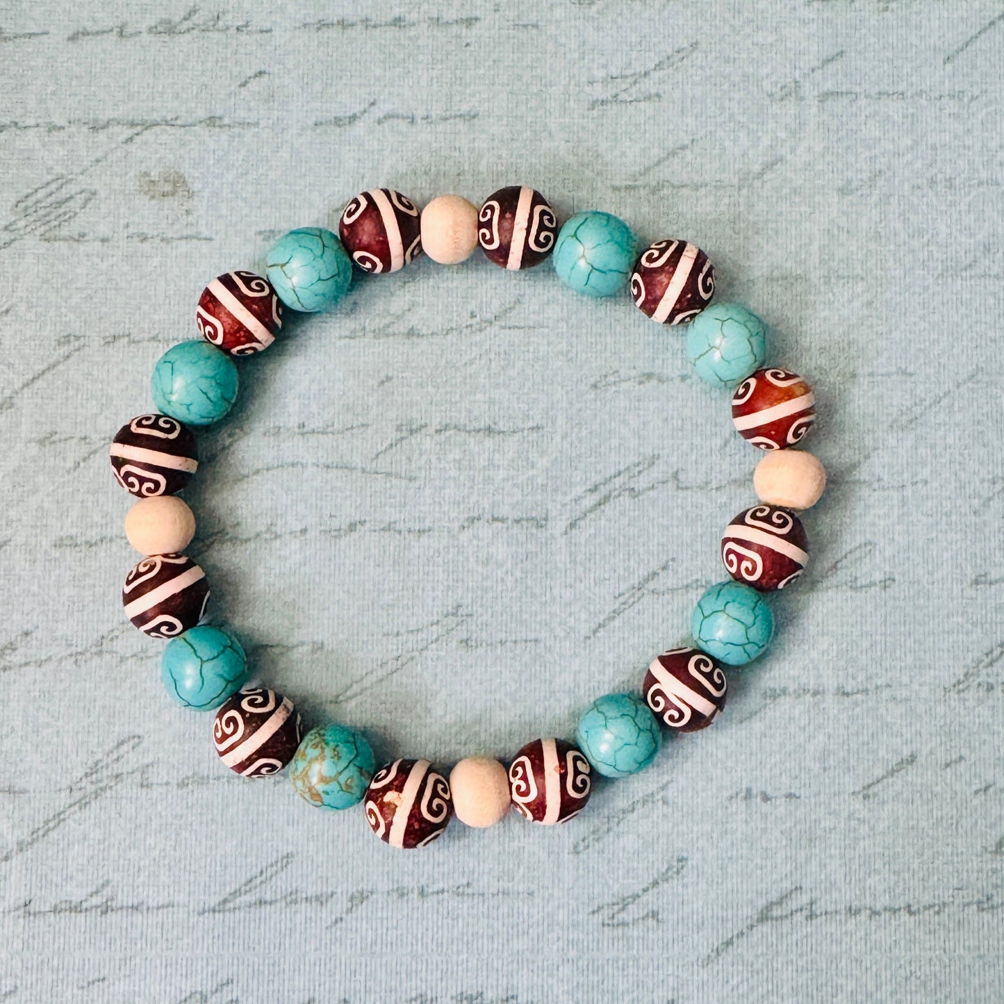 Handpainted Brown Gemstone with Turquoise Magnesite, Off-White, and Gold Beads 8"