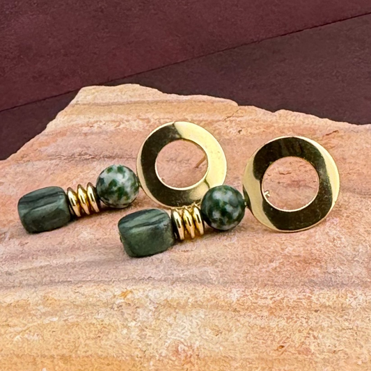 Earrings | Moss Agate Gemstones | Nephrite Jade Cube Beads | 18K Plated spacers | 1.5”