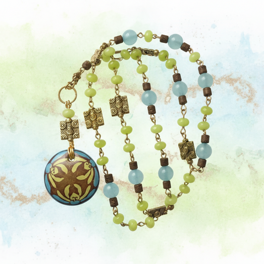Multi-colored Necklace with Green Jade, Aquamarine, and Brown Wooden Beads with Enamel Pendant 30"