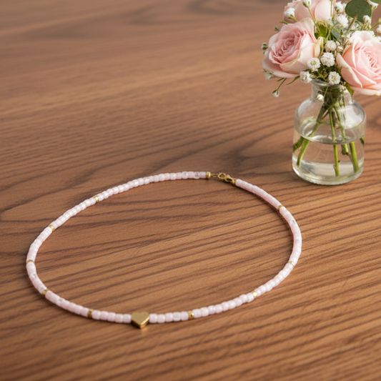 Necklace | Heart | 18K Gold-filled |Rose Quartz | Tube Beads | 16"