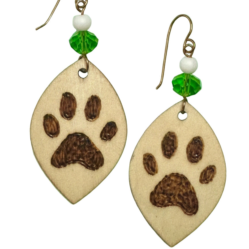 Earrings | Zentangles | Wood-burned | Paw Print | Drop & Dangle | Green Crystal | White Gemstone |3"