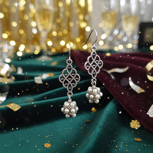 Earrings | Antique Silver Diamond Shaped Filagree | Multi-Pearl Beads | 2"