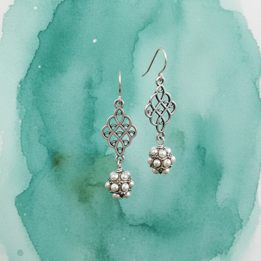 Earrings | Antique Silver Diamond Shaped Filagree | Multi-Pearl Beads | 2"