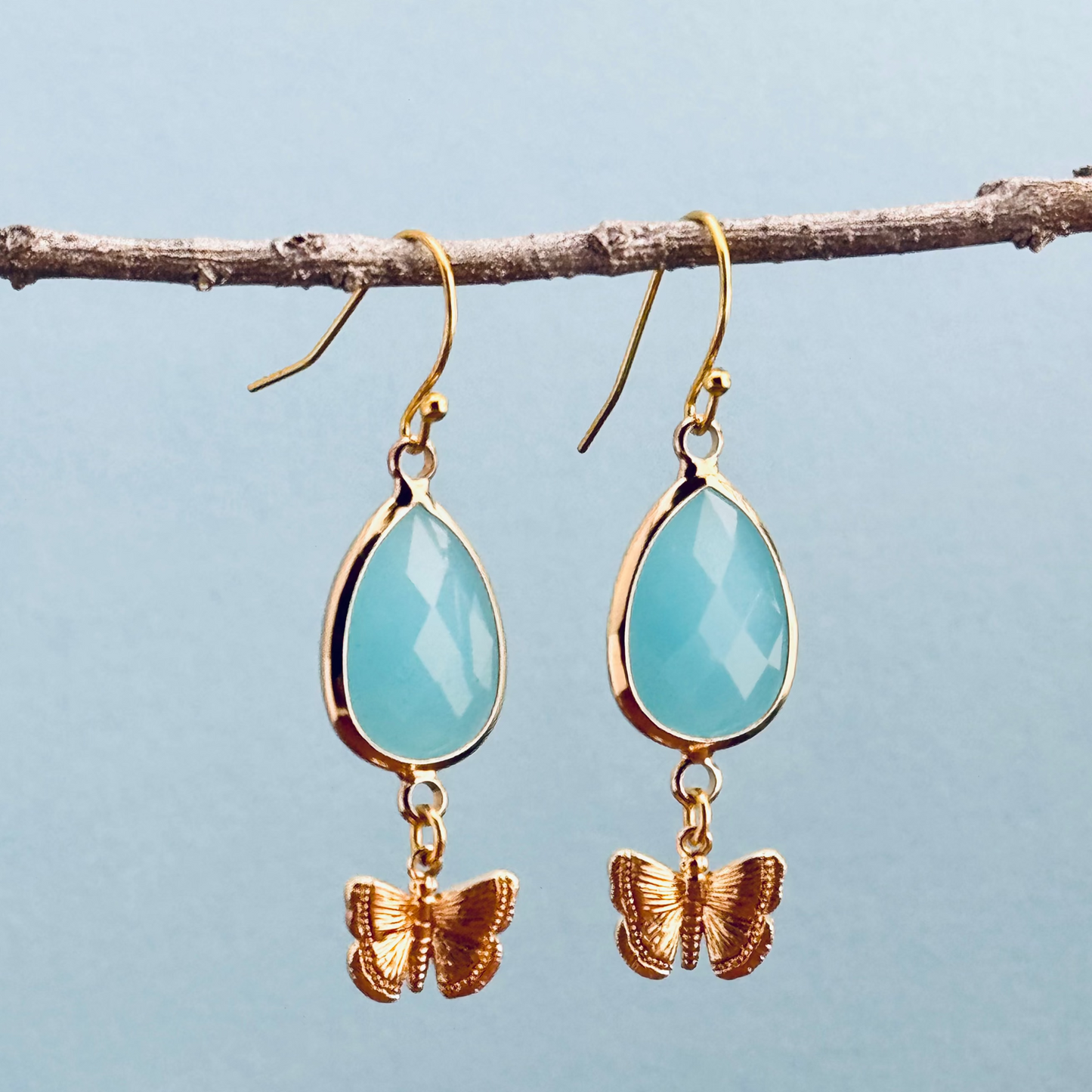 Blue Chalcedony Butterfly Earrings 1.75"