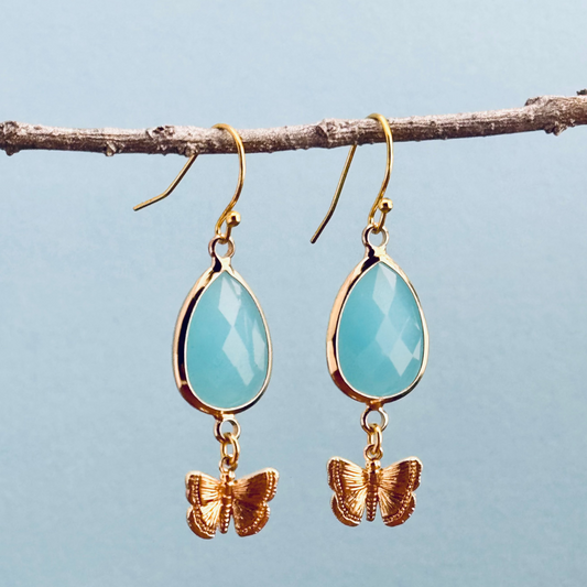 Earrings | Blue Chalcedony Gemstone | Butterfly Charm | 1.75"