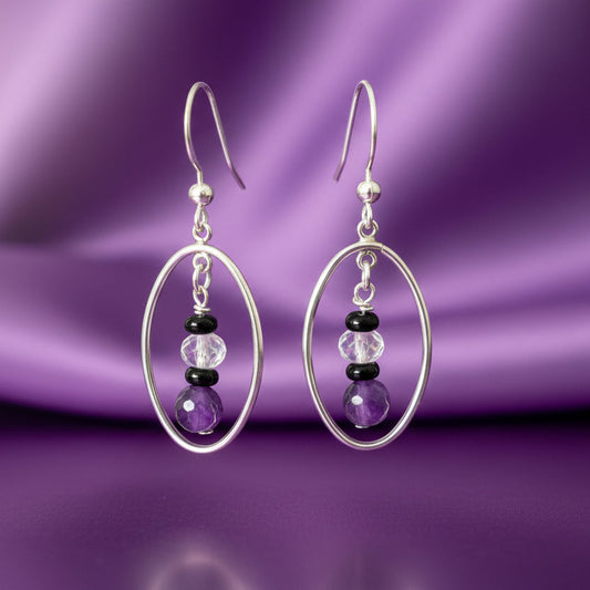 Earrings | Oval | Amethyst & Onyx Gemstones | 1.75”