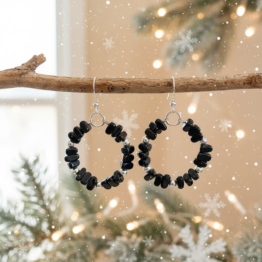 Earrings | Hoops | Black Onyx Chips | Silver-plated Discs | 2"