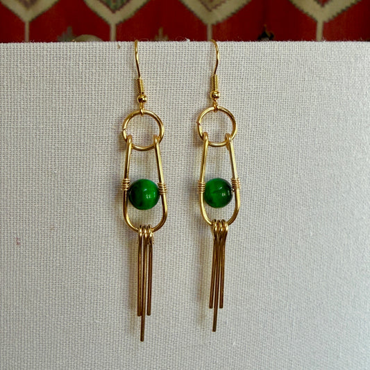 Green Tigereye Earring nestled in a Wire-wrapped Frame with flun Fringe at the bottom | 3"