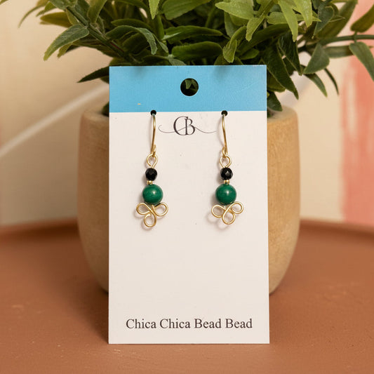 Petite Malachite and Onyx Gemstone Earrings with Wire-wrapped Triple Loop 1.5”