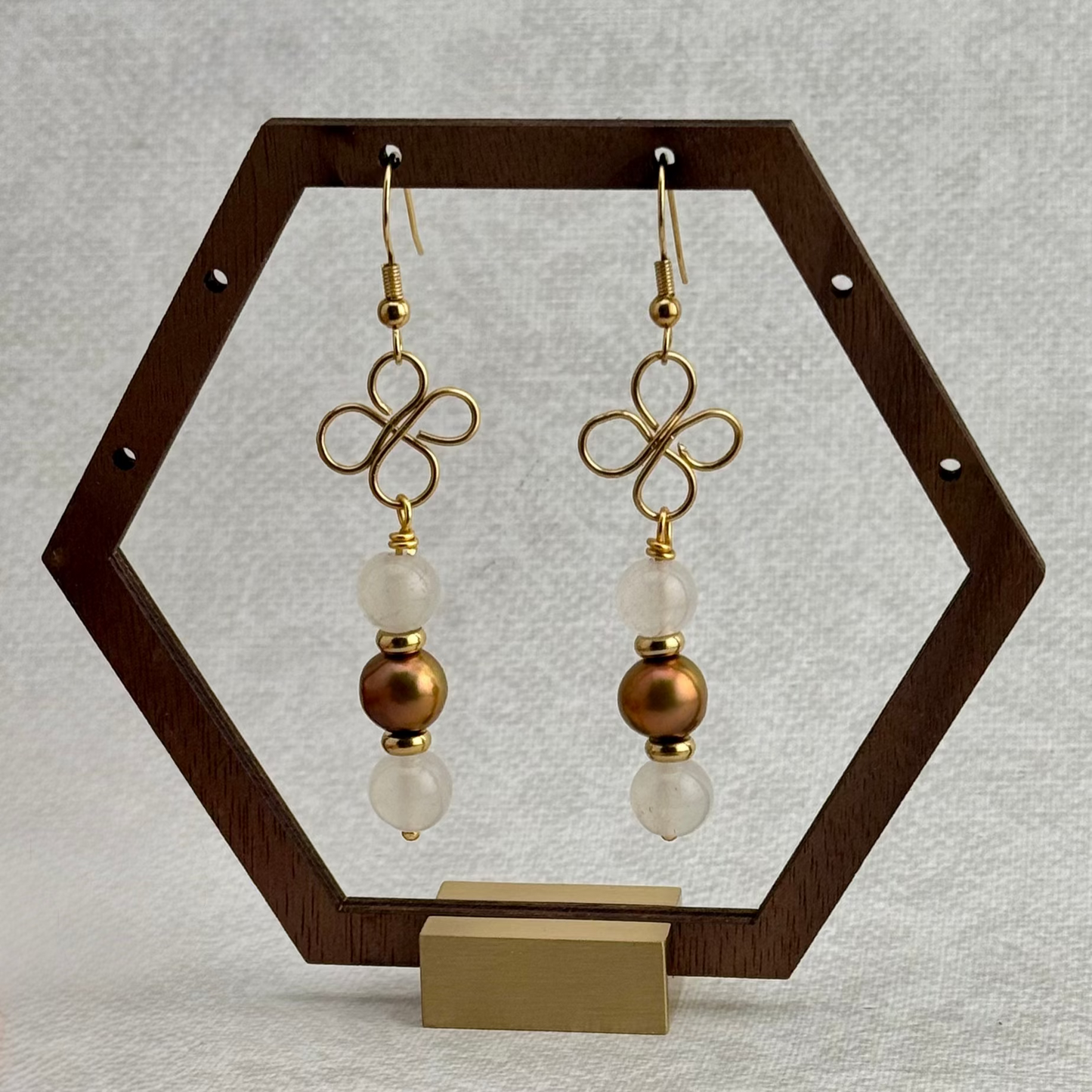 Quartz , Bronze Freshwater Pearls, and Gold Dangle Earrings 2.5"