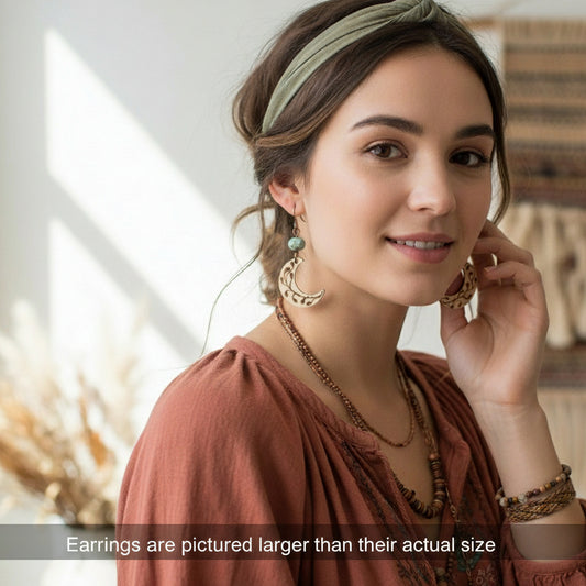 Earrings | Zentangles | Czech Glass Beads | Moon Shape | Fern Design | Wood-burned | Small Size | 1.5"