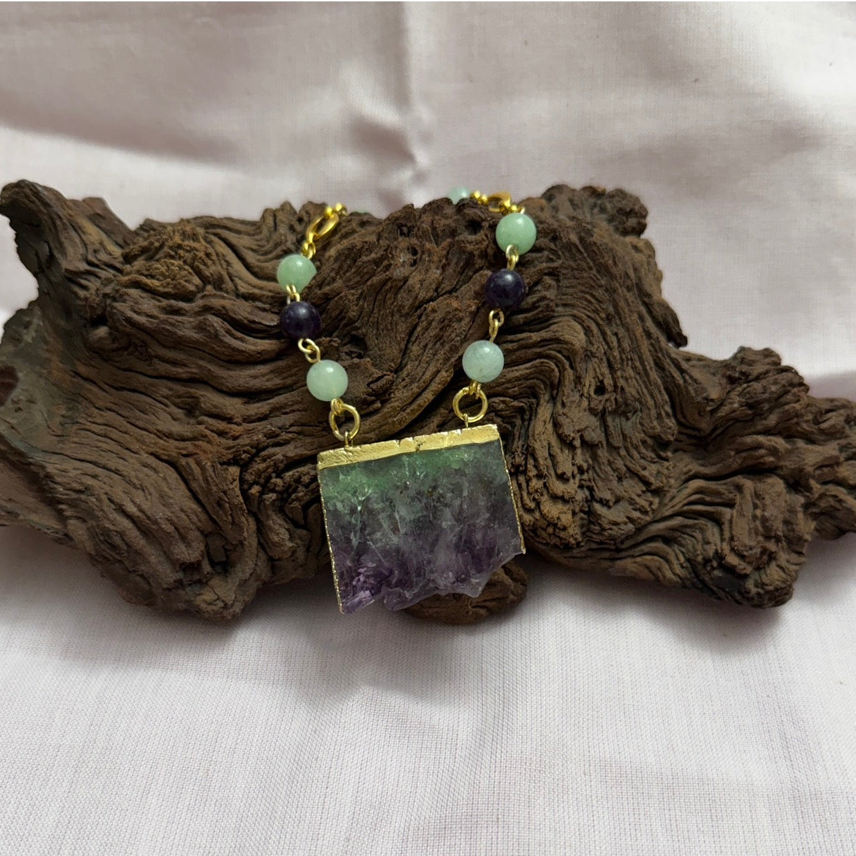 Necklace | Amethyst & Jade Slice Pendant | 18K Matte Gold Chain Links | 15"