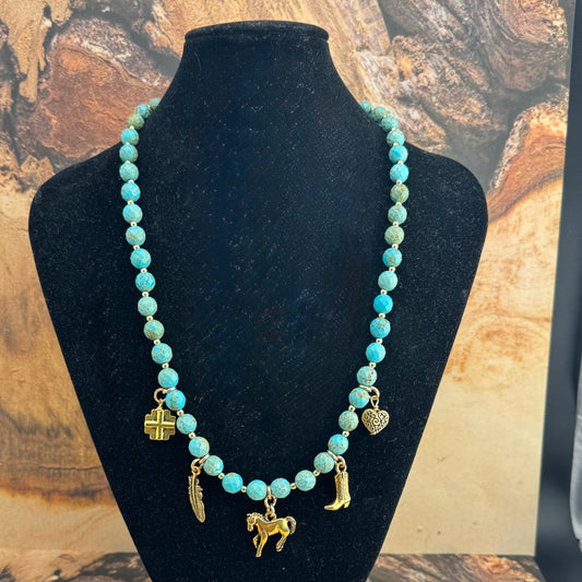 Southwest Charm Necklace with Magnesite Turquoise & Gold Beads 19"