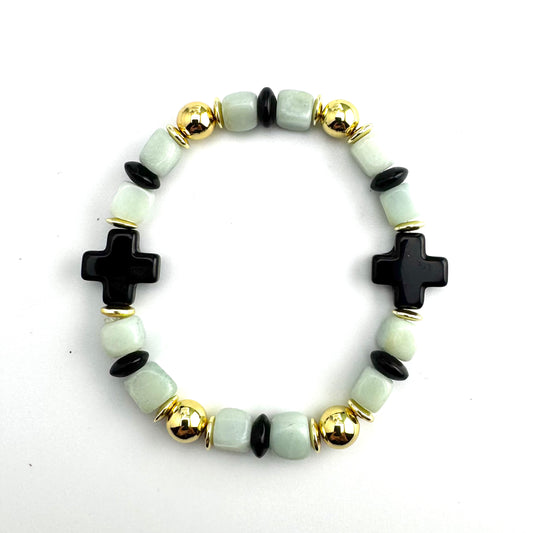 Bracelet | Onyx Cross | Amazonite Barrel Beads | Onyx Saucer BeadsGold-filled Round Beads | Gold-plated Hematite Saucer Beads