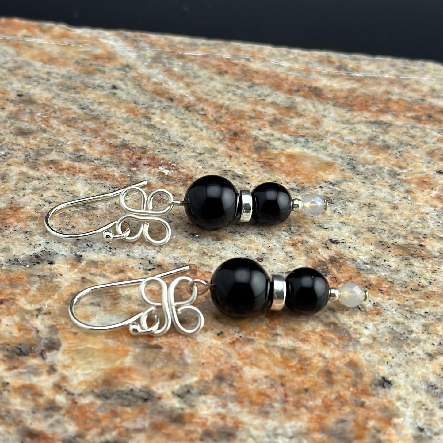 Earrings | Onyx Gremstones | Wire-Wrapped Clover Findings | Moonstone | Silver-plated Spacers | 2"