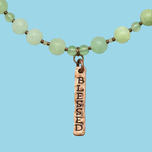 Green Chalcedony Gemstone and Copper Necklace with Blessed Pendant | 19”