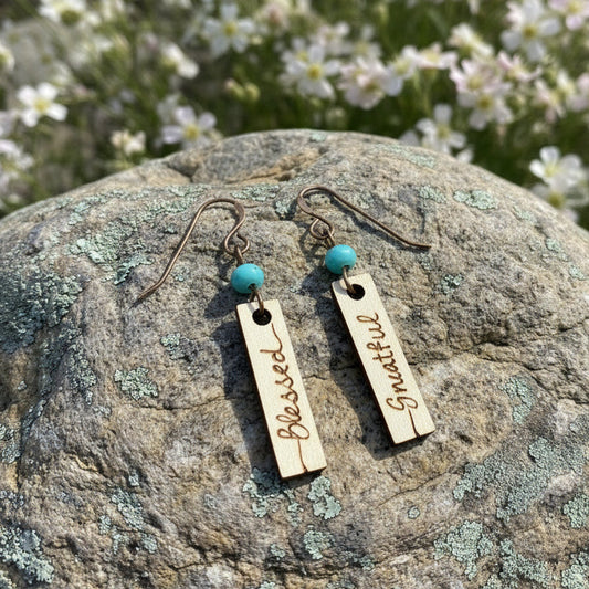 Earrings | Zentangles | Rectangle Shape | Blessed Design | Wood-burned | Czech Beads | Small Size | 1.5"