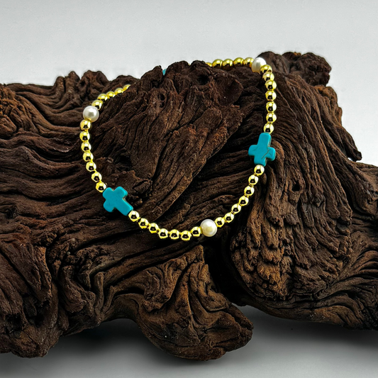 Bracelet | Magnetite Turquoise Mini-Cross | 18K Gold-filled Beads | Freshwater Pearls