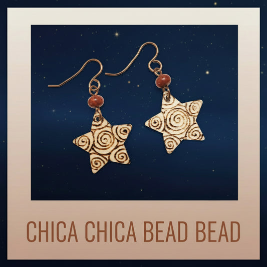 Earrings | Zentangles | Star Shape | Swirl Design | Wood-burned | Small Size | 1.5"