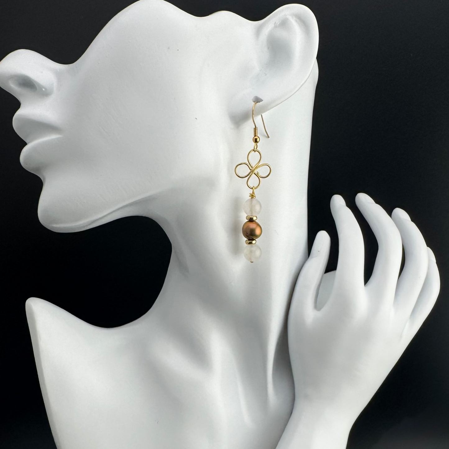 Quartz , Bronze Freshwater Pearls, and Gold Dangle Earrings 2.5"